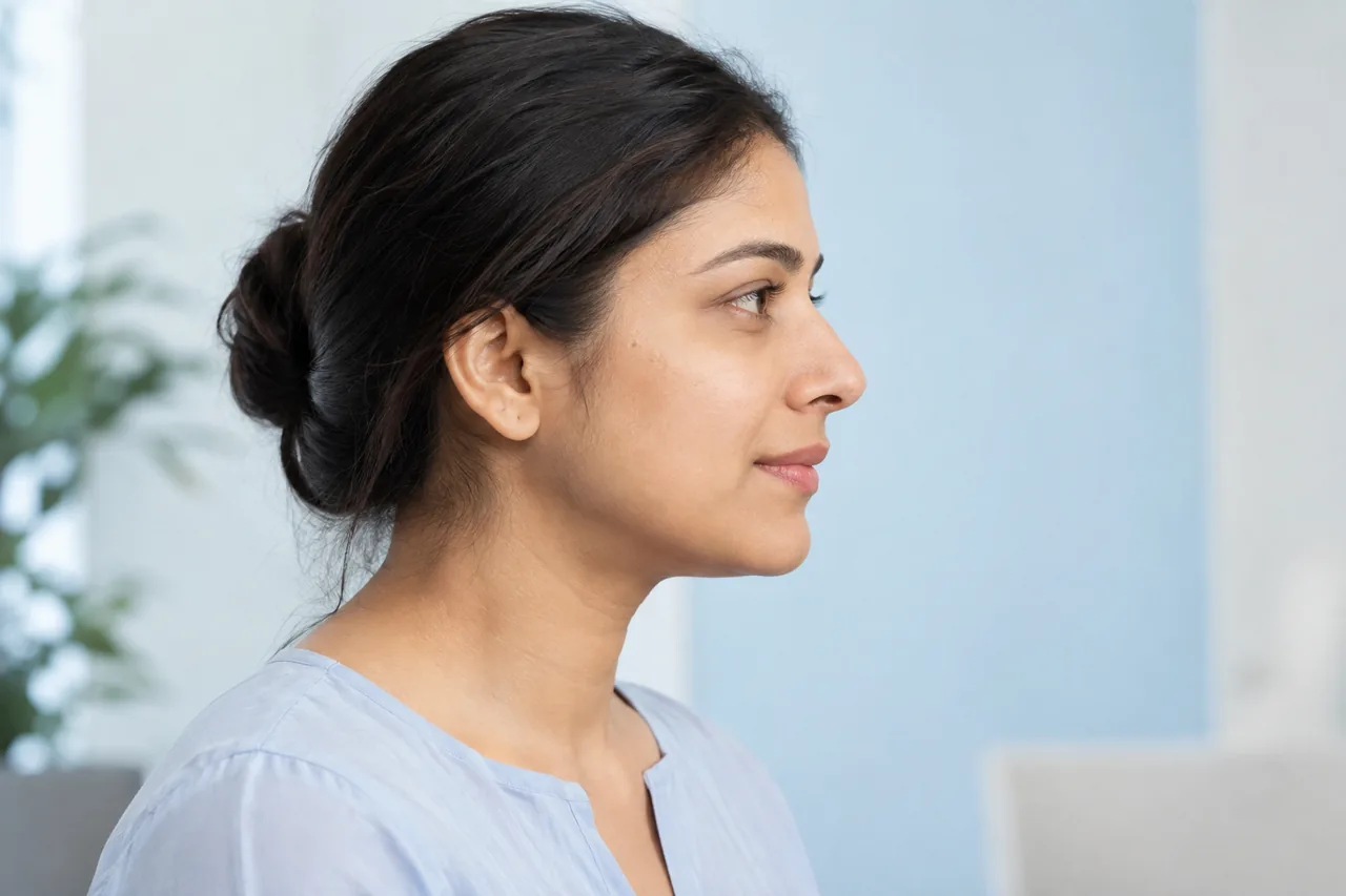 Illustrative natural facial side profile for nasal proportion consultation
